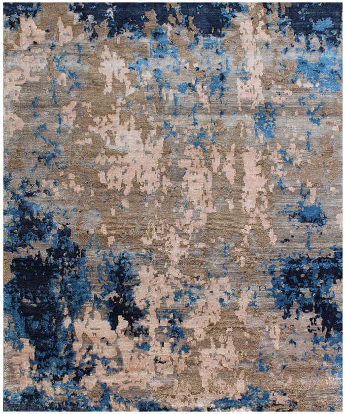 Modern Abstract Wool and Silk Area Rug – Hand-Knotted Brown and Blue Contemporary Luxury Floor Covering