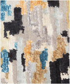 Hand-Knotted Modern Abstract Wool and Bamboo Silk Area Rug – Beige, Charcoal, Blue, and Gold– Premium Modern Designer Floor Carpet