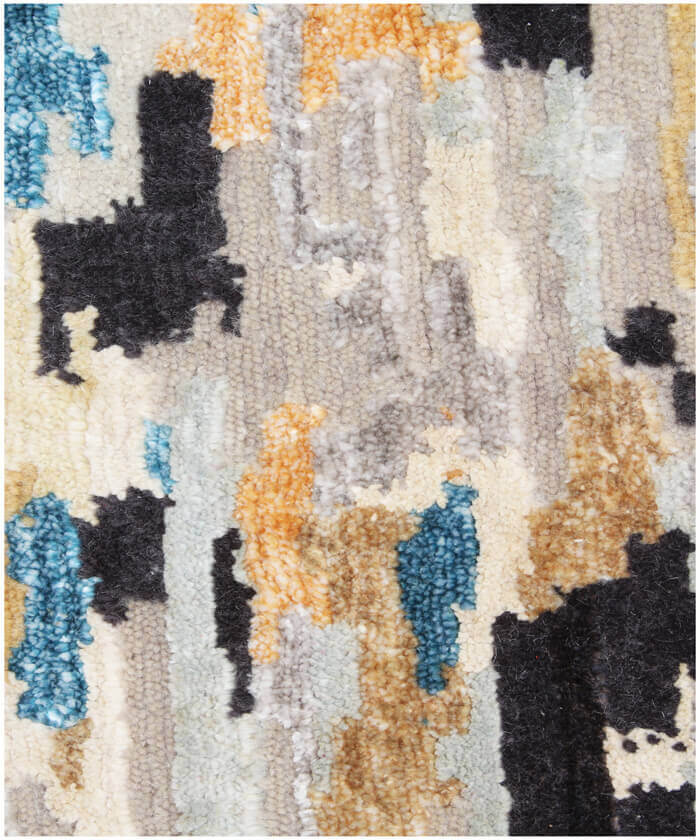Hand-Knotted Modern Abstract Wool and Bamboo Silk Area Rug – Beige, Charcoal, Blue, and Gold– Premium Modern Designer Floor Carpet