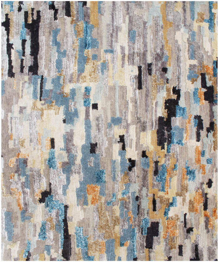 Hand-Knotted Modern Abstract Wool and Bamboo Silk Area Rug – Beige, Charcoal, Blue, and Gold– Premium Modern Designer Floor Carpet