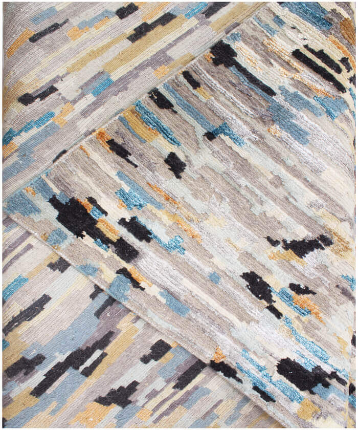 Hand-Knotted Modern Abstract Wool and Bamboo Silk Area Rug – Beige, Charcoal, Blue, and Gold– Premium Modern Designer Floor Carpet