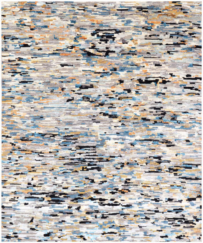 Hand-Knotted Modern Abstract Wool and Bamboo Silk Area Rug – Beige, Charcoal, Blue, and Gold– Premium Modern Designer Floor Carpet