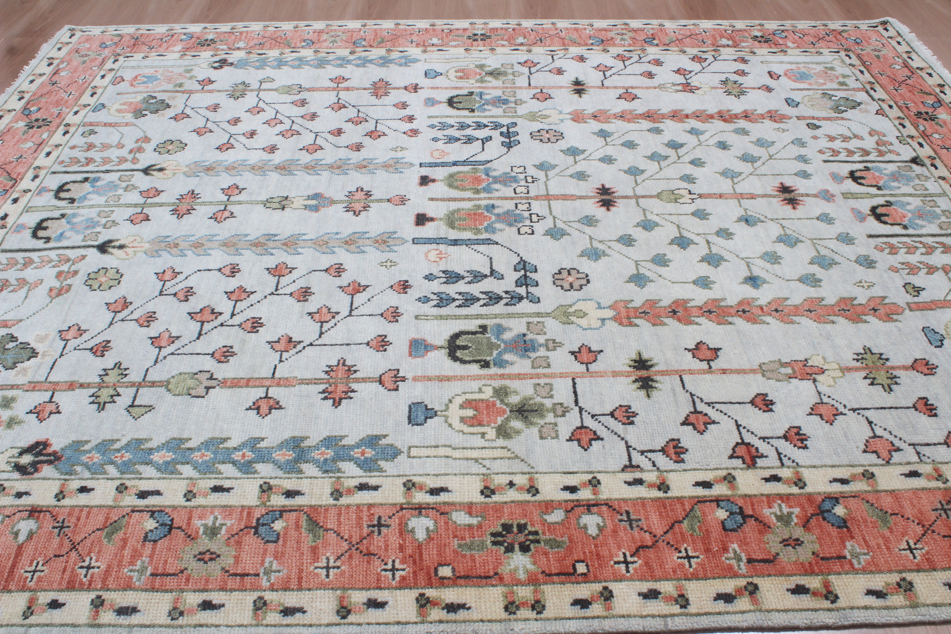 Hand-Knotted Tree of Life Wool Area Rug | Muted Sage Green & Terracotta Custom Size Rug | Handcrafted in India