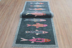 Charcoal Koi Fish Hand Knotted Wool Runner Rug - Custom Size Nautical Hallway Runner for Beach House Entryway & Kitchen