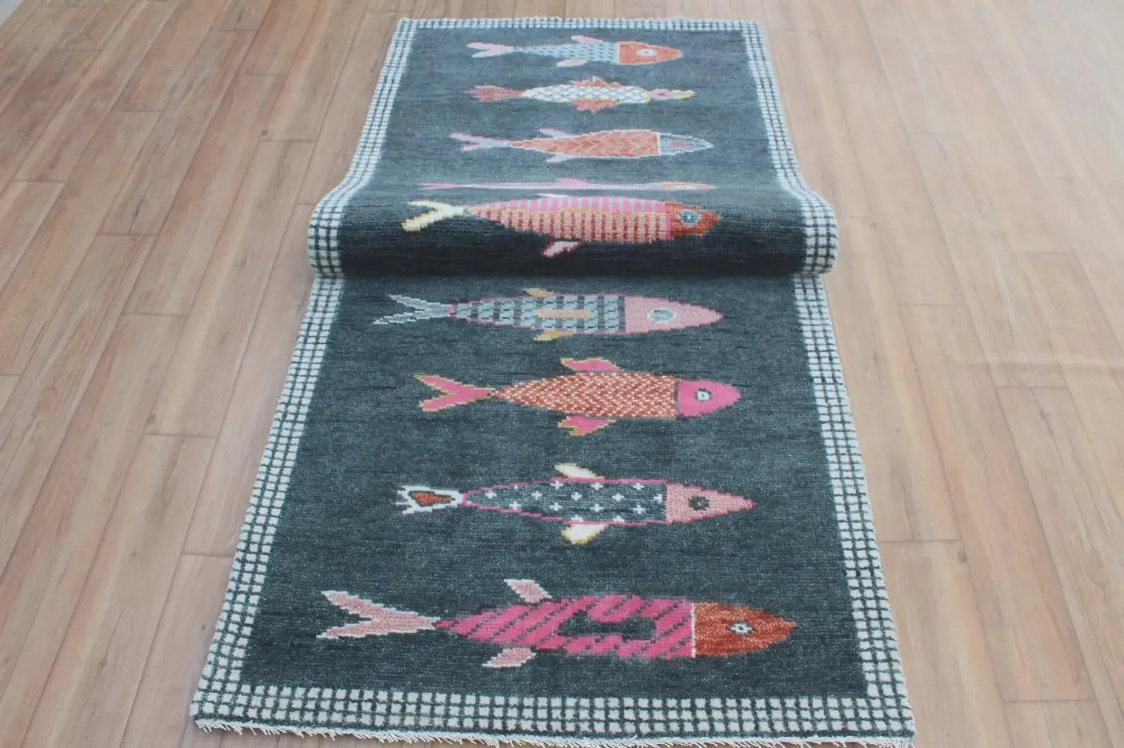 Charcoal Koi Fish Hand Knotted Wool Runner Rug - Custom Size Nautical Hallway Runner for Beach House Entryway & Kitchen