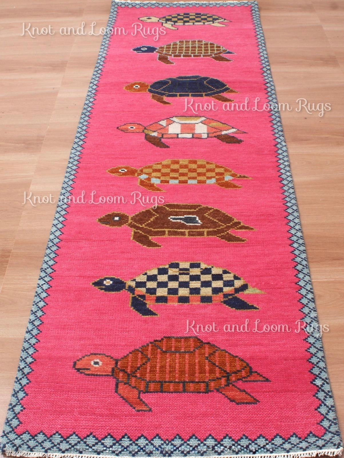 Hand-Knotted Wool Turtle Runner Rug – Custom Size Hot Pink Beach house Hallway Rug