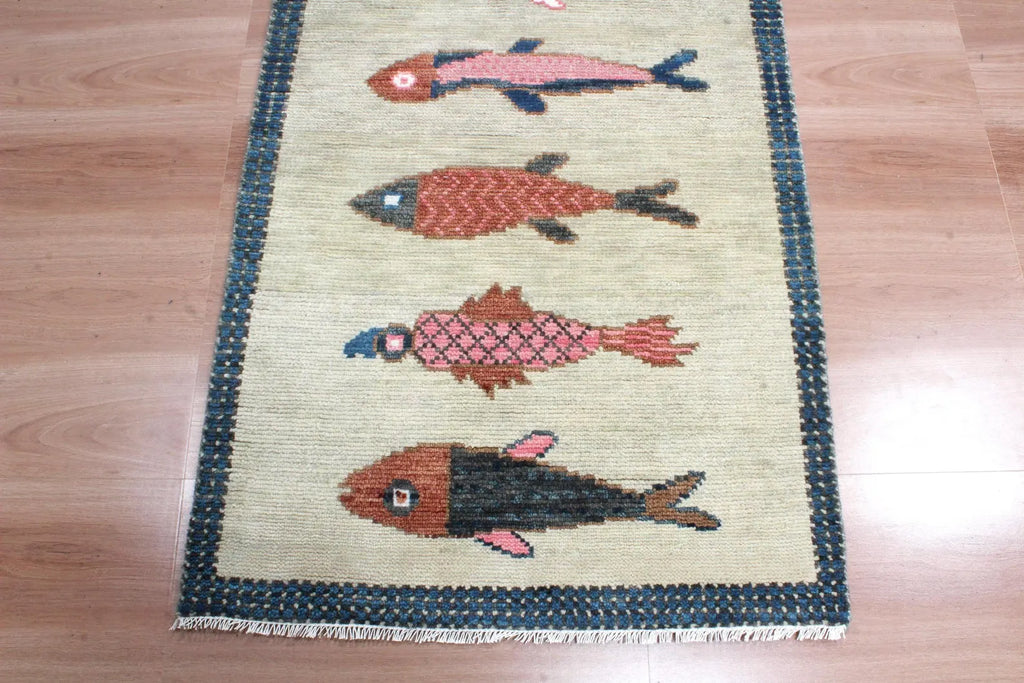 Coastal Koi Fish Hand Knotted Wool Runner Rug - Custom Size Nautical Hallway Runner for Beach House Entryway & Kitchen