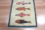Coastal Koi Fish Hand Knotted Wool Runner Rug - Custom Size Nautical Hallway Runner for Beach House Entryway & Kitchen