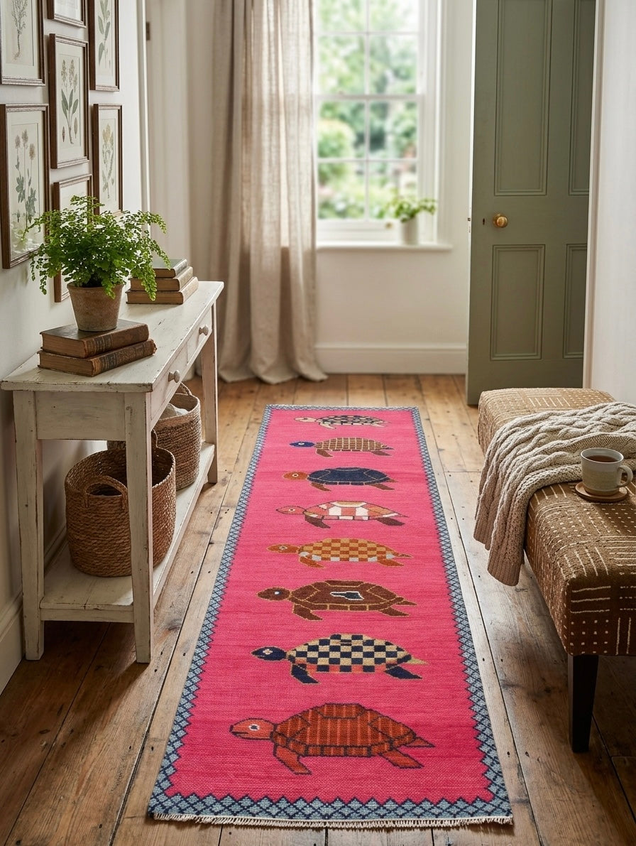 Hand-Knotted Wool Turtle Runner Rug – Custom Size Hot Pink Beach house Hallway Rug
