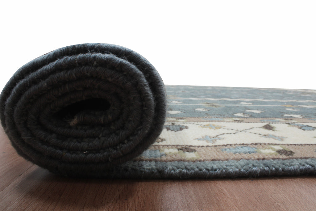 Hand-Knotted Tree of Life Wool Area Rug | Slate Blue & Ivory Custom Size Rug | Handcrafted in India