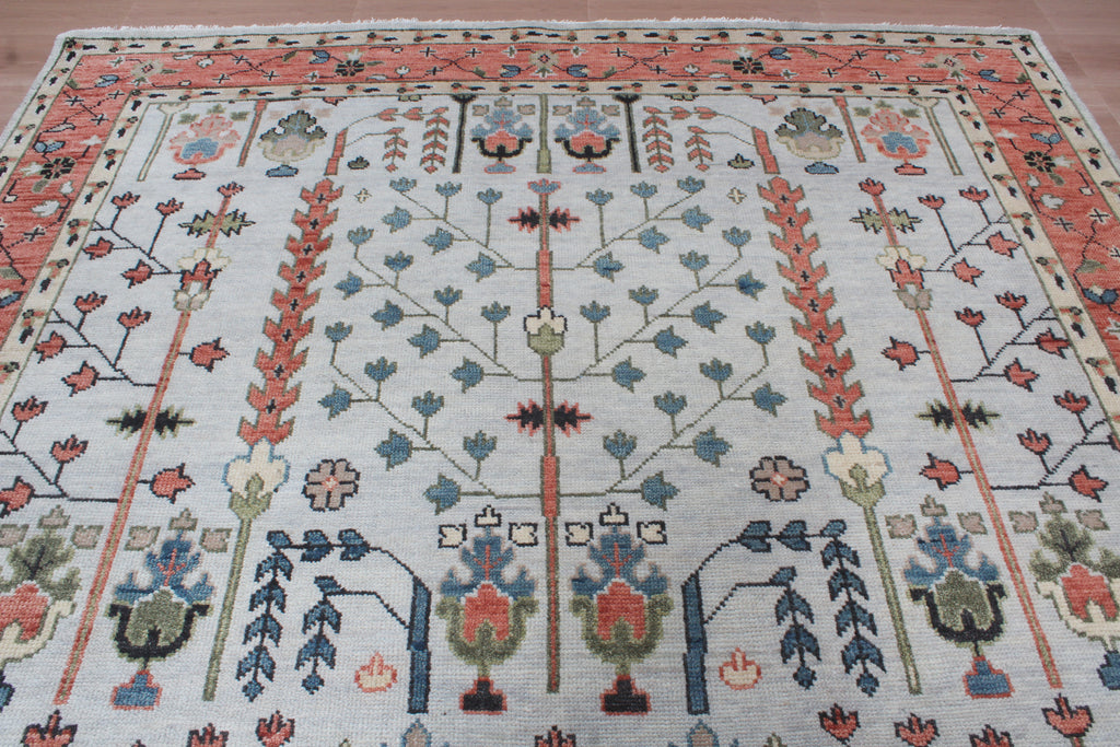 Hand-Knotted Tree of Life Wool Area Rug | Muted Sage Green & Terracotta Custom Size Rug | Handcrafted in India