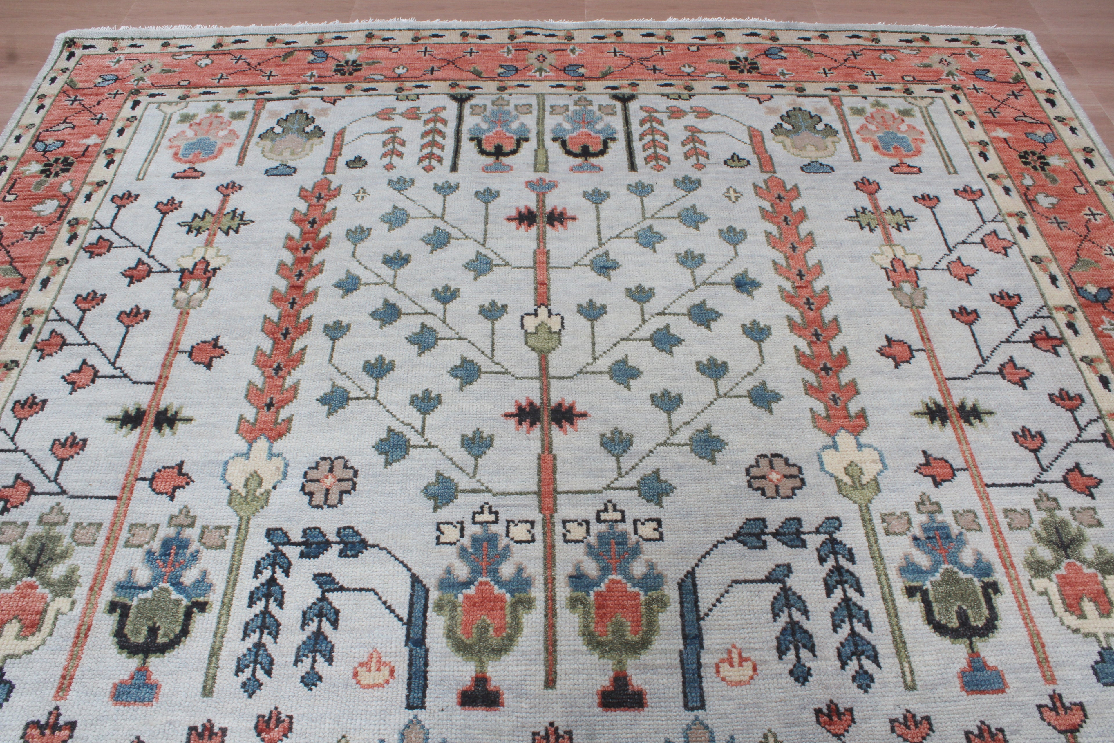 Hand-Knotted Tree of Life Wool Area Rug | Muted Sage Green & Terracotta Custom Size Rug | Handcrafted in India