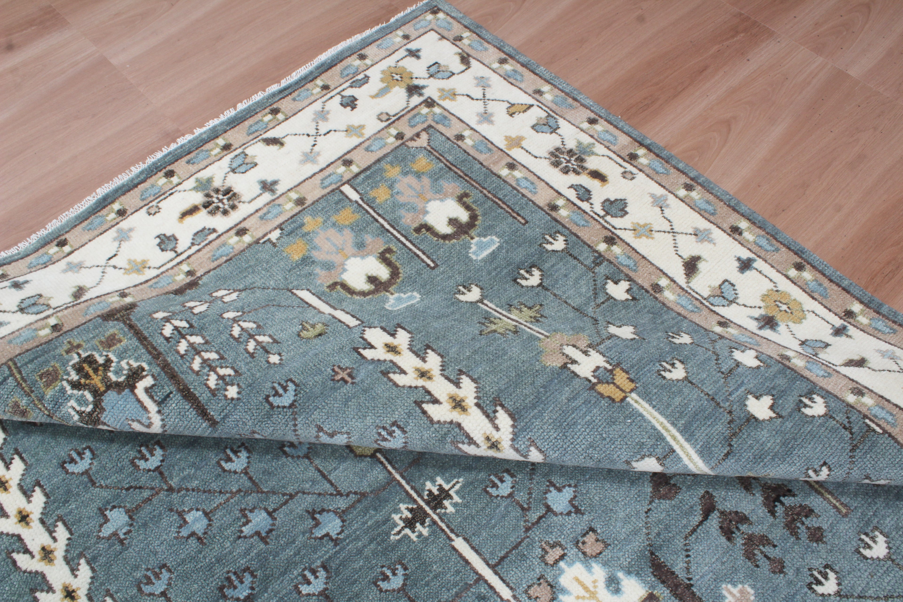 Hand-Knotted Tree of Life Wool Area Rug | Slate Blue & Ivory Custom Size Rug | Handcrafted in India