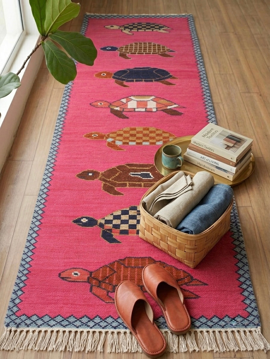 Hand-Knotted Wool Turtle Runner Rug – Custom Size Hot Pink Beach house Hallway Rug