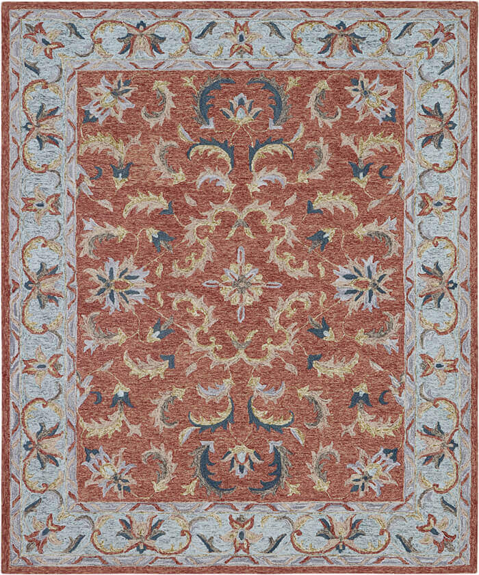 Terracotta Rust & Light Blue Floral Traditional Rug - 5x8, 8x10 ft Traditional floral Style Hand Tufted Wool Area Rug -  Large Rug