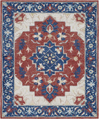 Red Blue Ivory Traditional Floral Medallion Rug, 5x8, 8x10 ft Hand Tufted Wool Area Rug for Living Room, Bedroom