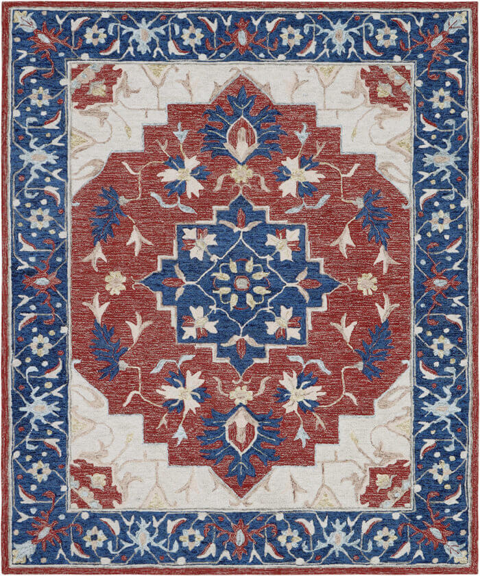 Red Blue Ivory Traditional Floral Medallion Rug, 5x8, 8x10 ft Hand Tufted Wool Area Rug for Living Room, Bedroom