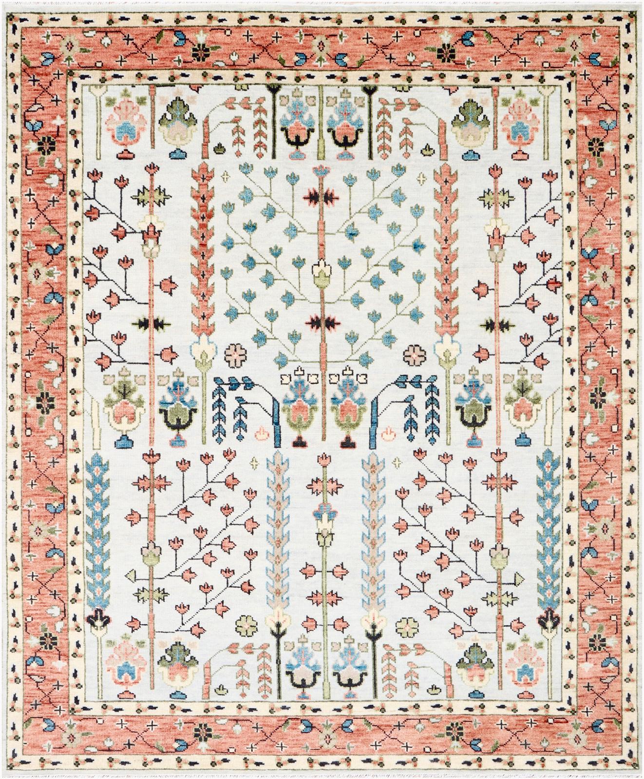 Hand-Knotted Tree of Life Wool Area Rug | Muted Sage Green & Terracotta Custom Size Rug | Handcrafted in India