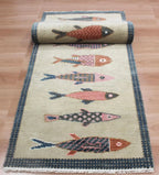 Coastal Koi Fish Hand Knotted Wool Runner Rug - Custom Size Nautical Hallway Runner for Beach House Entryway & Kitchen