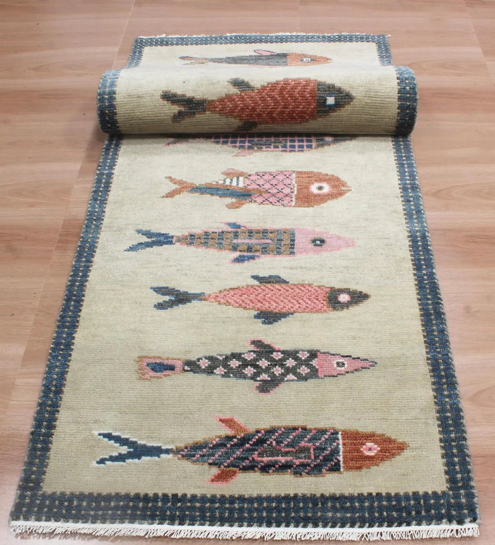 Coastal Koi Fish Hand Knotted Wool Runner Rug - Custom Size Nautical Hallway Runner for Beach House Entryway & Kitchen