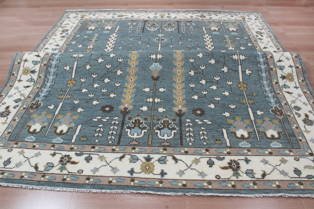 Hand-Knotted Tree of Life Wool Area Rug | Slate Blue & Ivory Custom Size Rug | Handcrafted in India