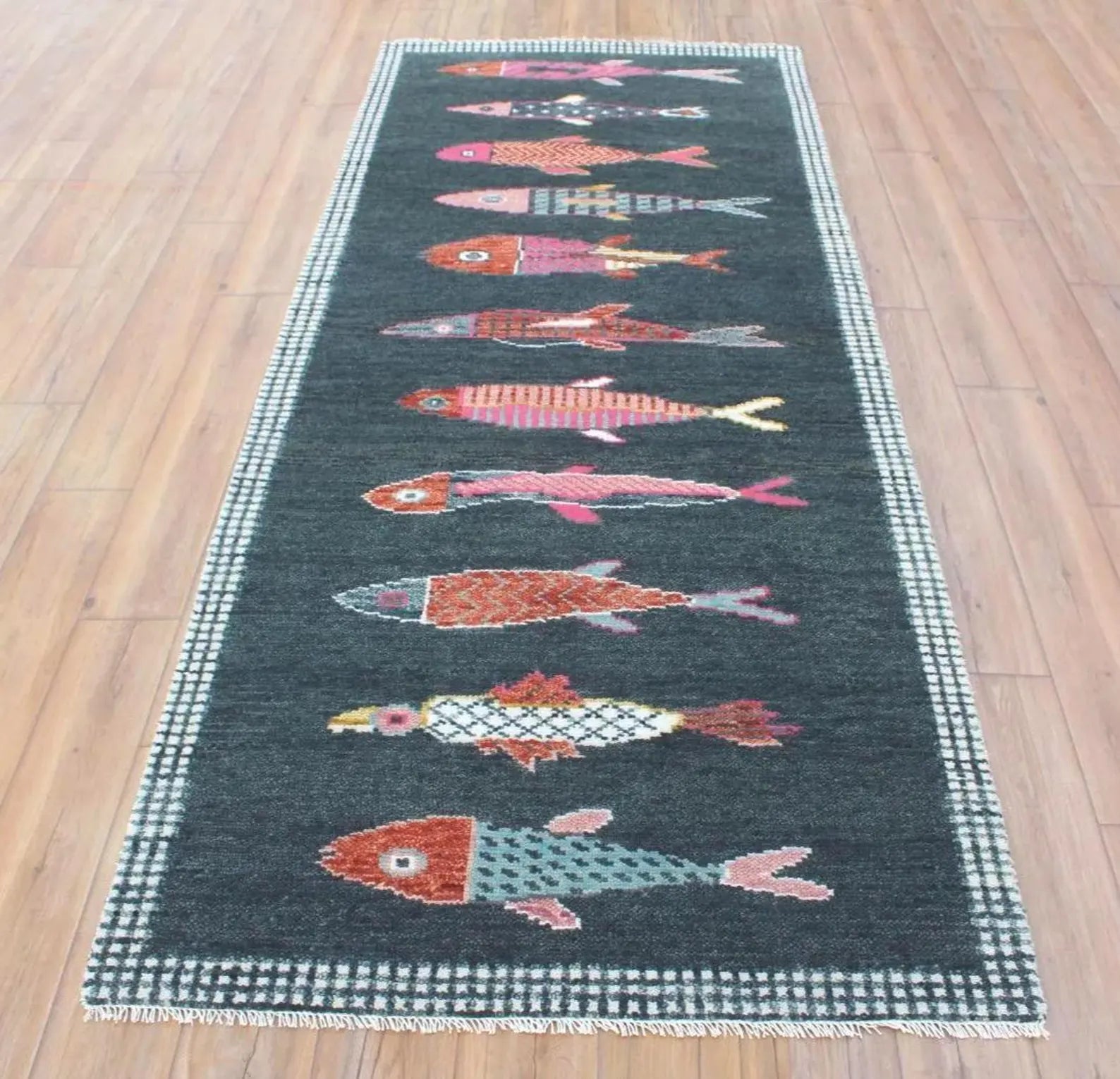 Charcoal Koi Fish Hand Knotted Wool Runner Rug - Custom Size Nautical Hallway Runner for Beach House Entryway & Kitchen