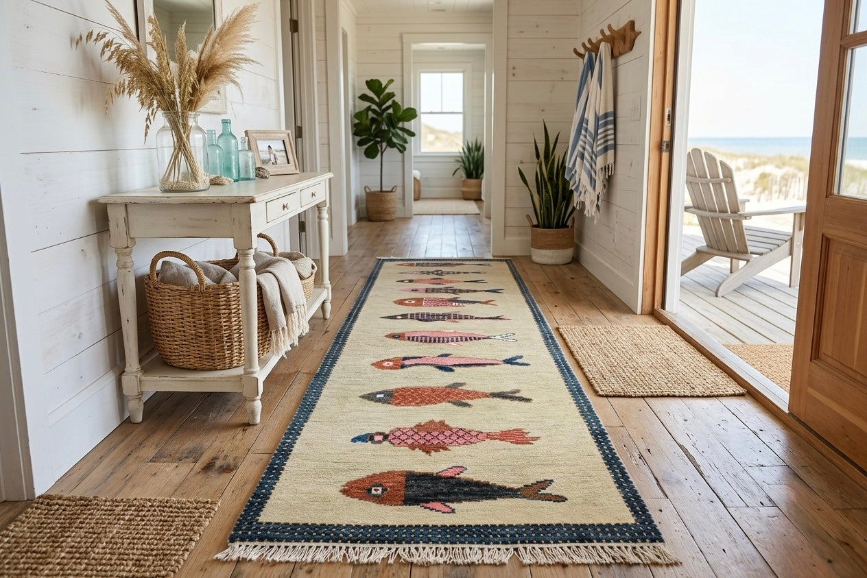 Coastal Koi Fish Hand Knotted Wool Runner Rug - Custom Size Nautical Hallway Runner for Beach House Entryway & Kitchen
