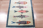 Coastal Koi Fish Hand Knotted Wool Runner Rug - Custom Size Nautical Hallway Runner for Beach House Entryway & Kitchen