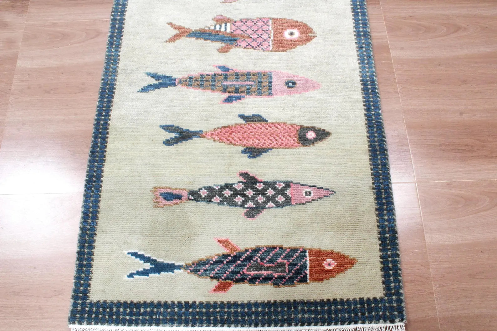 Coastal Koi Fish Hand Knotted Wool Runner Rug - Custom Size Nautical Hallway Runner for Beach House Entryway & Kitchen