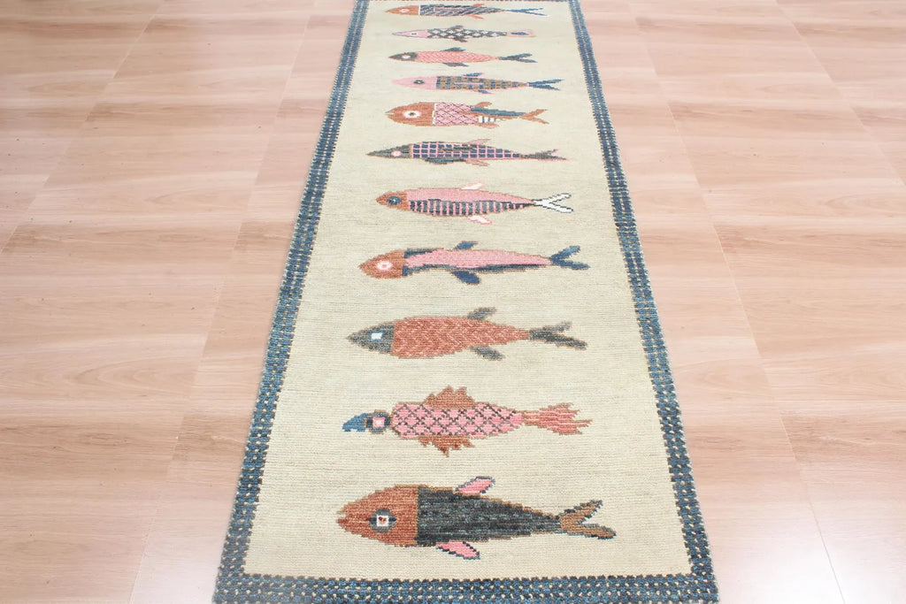 Coastal Koi Fish Hand Knotted Wool Runner Rug - Custom Size Nautical Hallway Runner for Beach House Entryway & Kitchen