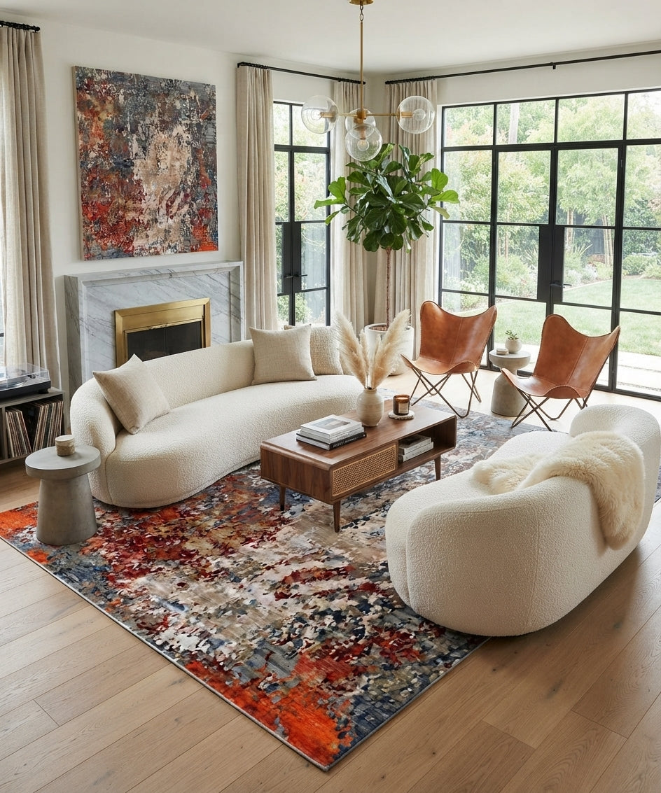 Hand Knotted Luxury Contemporary Abstract Area Rug in Brown, Rust & Charcoal – Premium Wool & Bamboo Silk Modern Designer Floor Carpet
