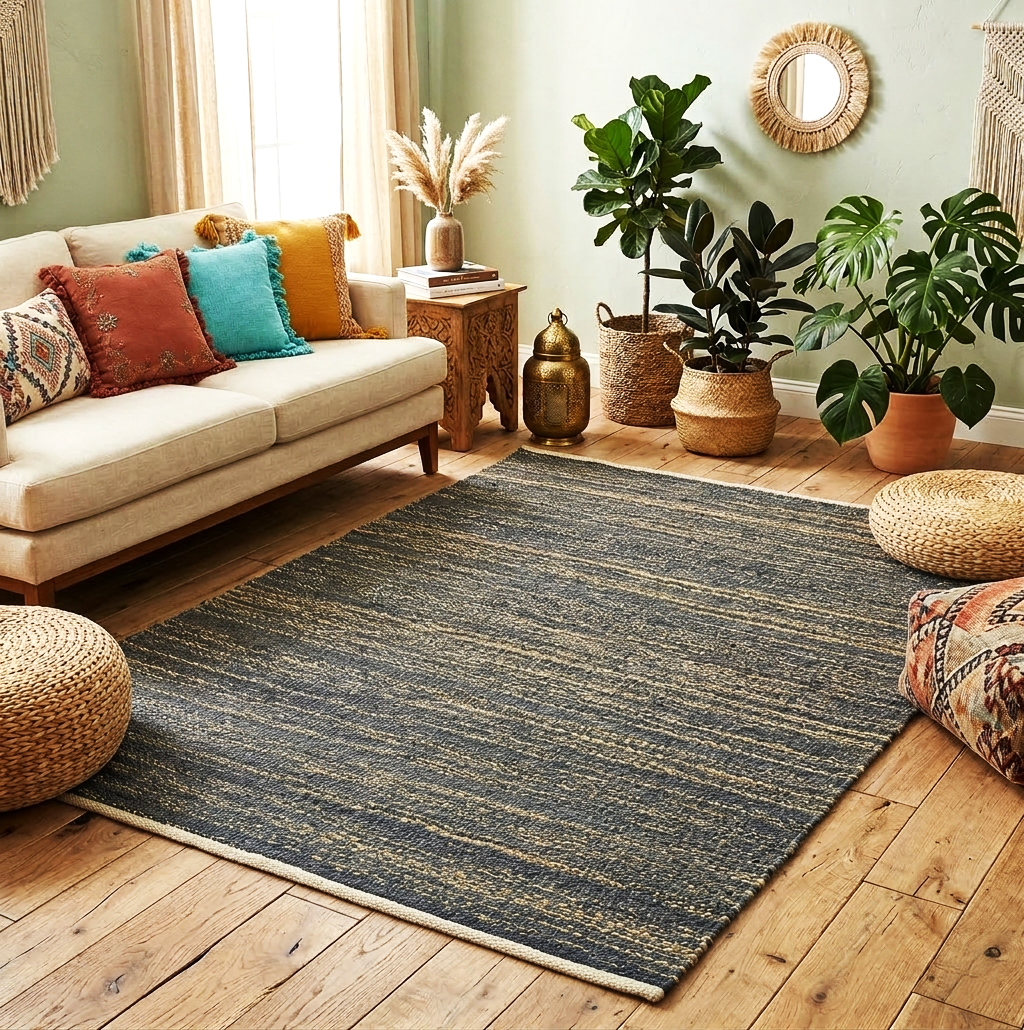 Handwoven Jute Rug 5.6x6.2 Blue Gray & Charcoal black Square Natural Fiber Rug