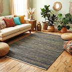 Handwoven Jute Rug 5.6x6.2 Blue Gray & Charcoal black Square Natural Fiber Rug