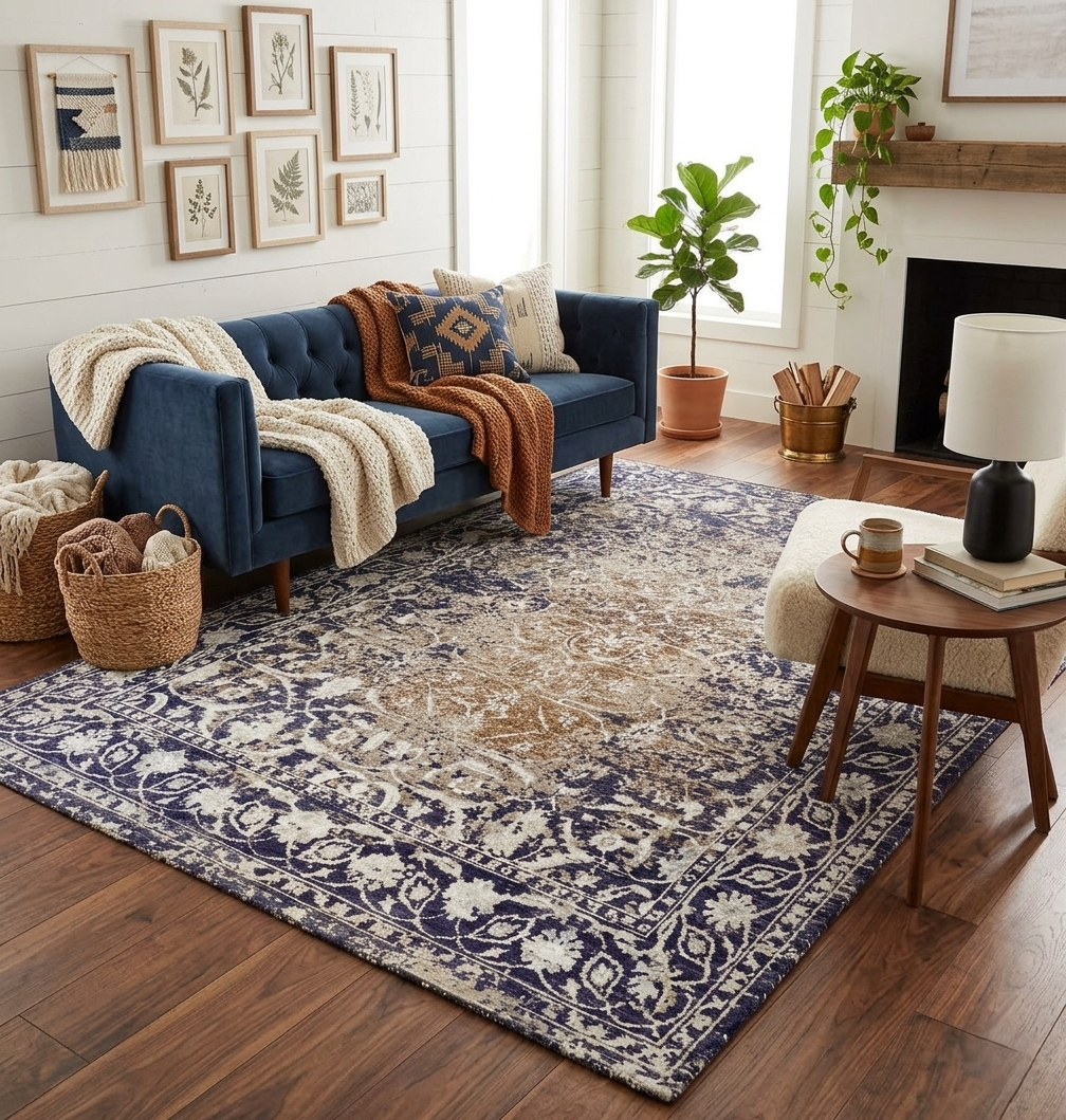 9x12 ft Indigo & Cream Oriental Hand-Knotted Wool Rug
