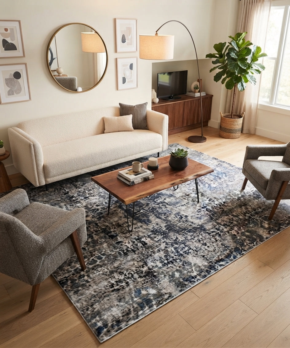 Hand Knotted Modern Abstract Area Rug – Blue & Charcoal Luxury Wool and Bamboo Silk Floor Decor