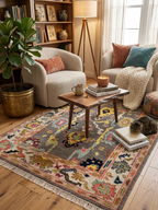 Hand-Knotted Oushak Wool Rug-Modern Charcoal & Vibrant Pastel Palette