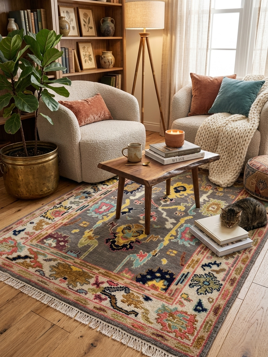 Hand-Knotted Oushak Wool Rug-Modern Charcoal & Vibrant Pastel Palette