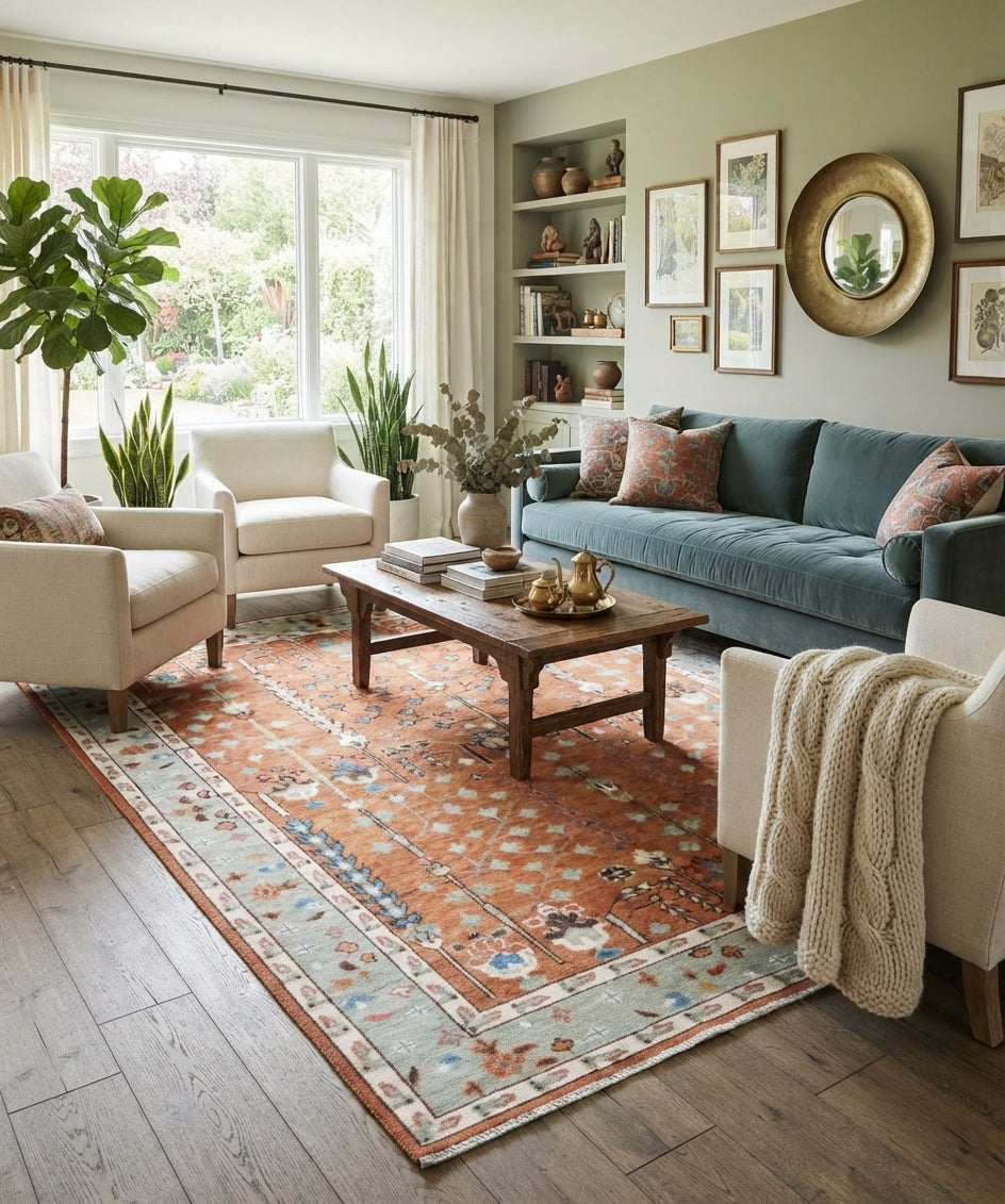 Hand-Knotted Tree of Life Wool Area Rug | Terracotta Rust & Sage Green Custom Size Rug | Handcrafted in India