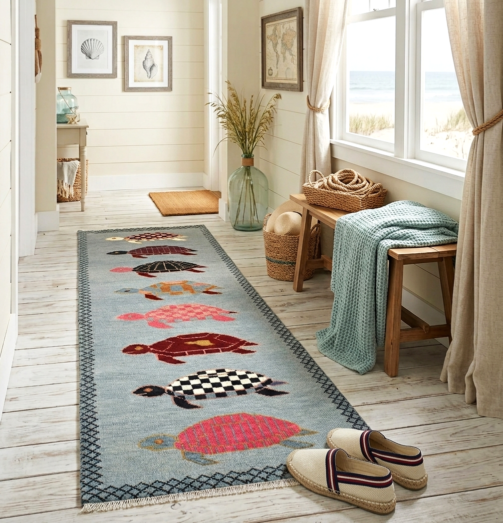 Hand-Knotted Wool Brown Light Blue Runner Rug | Custom Size Hallway & Entryway Runner | Artisan Crafted (Copy) (Copy)