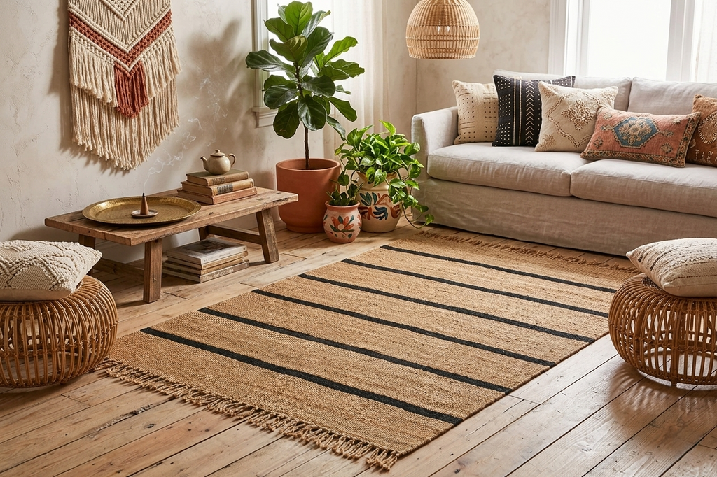 Modern black Striped Jute Rug |6x8 ft Black & Natural Area Mat