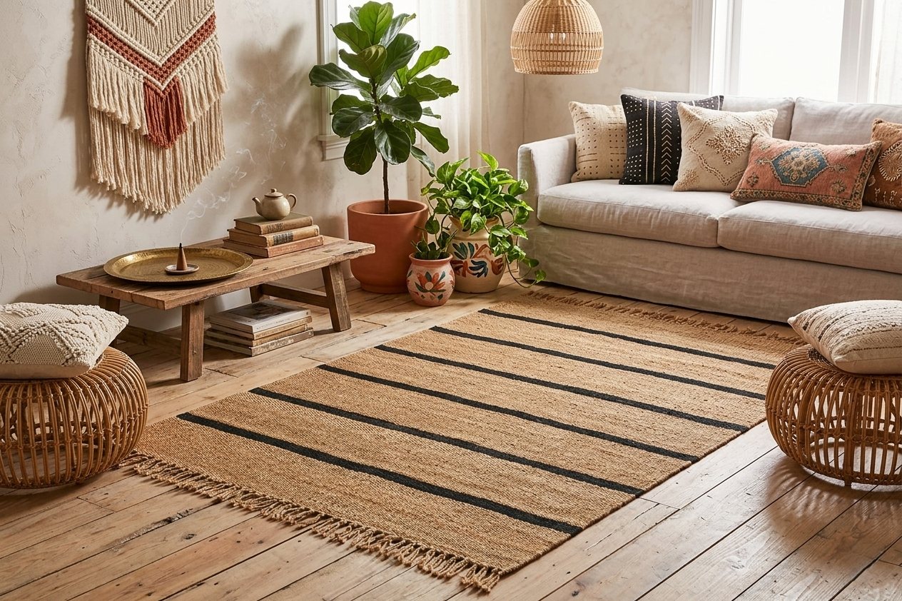 Modern black Striped Jute Rug |6x8 ft Black & Natural Area Mat