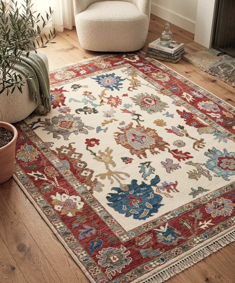 Hand-Knotted Oushak Wool Rug - Modern Floral Transitional Style