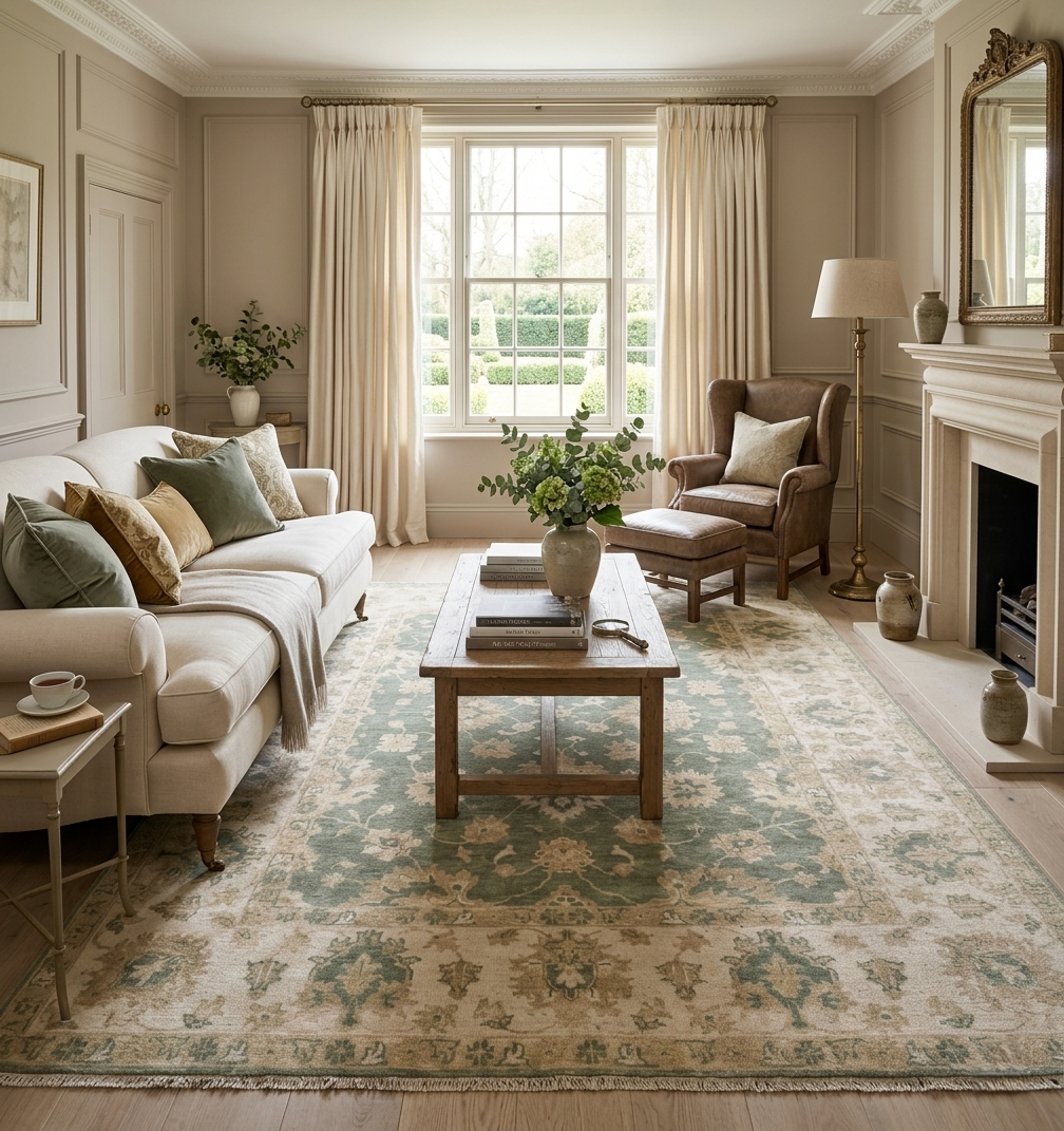 8x10 ft Hand-Knotted Oushak Style Sage Green & Cream Wool Rug