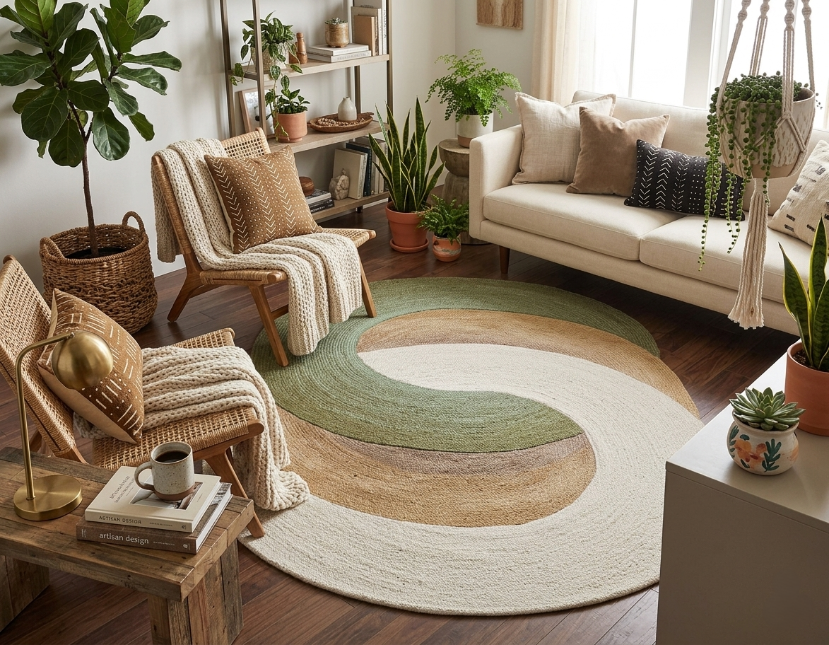 Organic Swirl Hand-Tufted Wool Area Rug – 5' x 7.8' Sage & Earth Tones