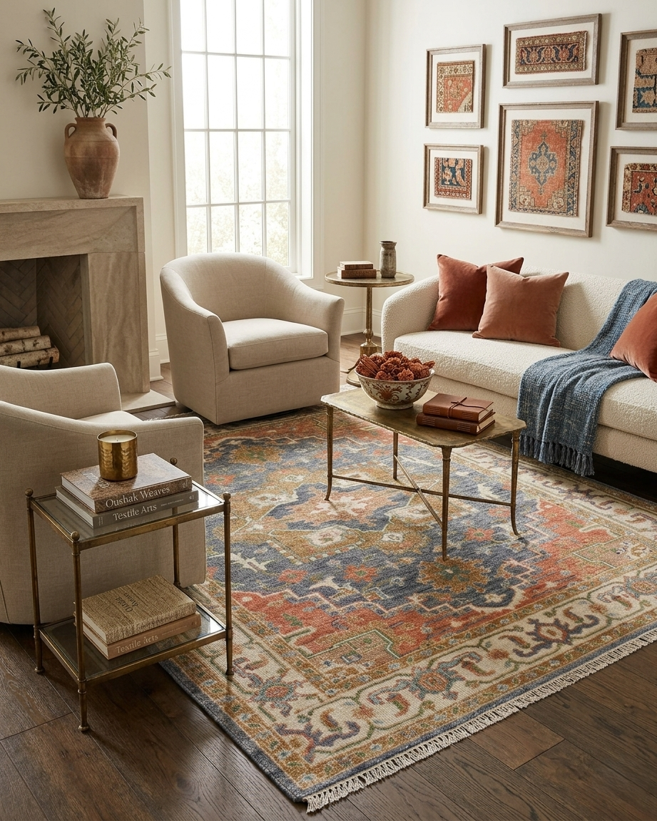 8x10 Hand-Knotted Wool Oushak Rug - Blue, Terracotta & Sage