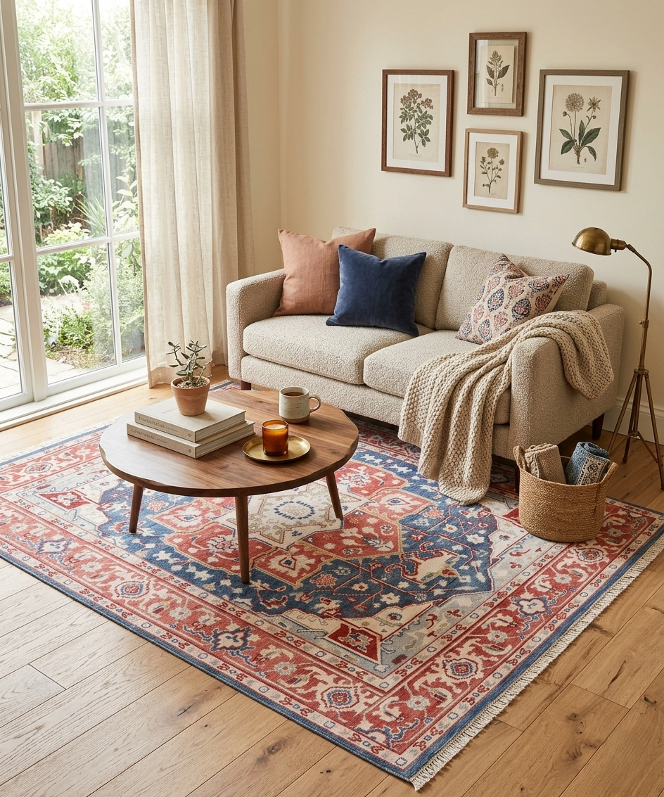 9x12 ft Blue, Rust & Ivory Traditional Floral Oriental Area Rug