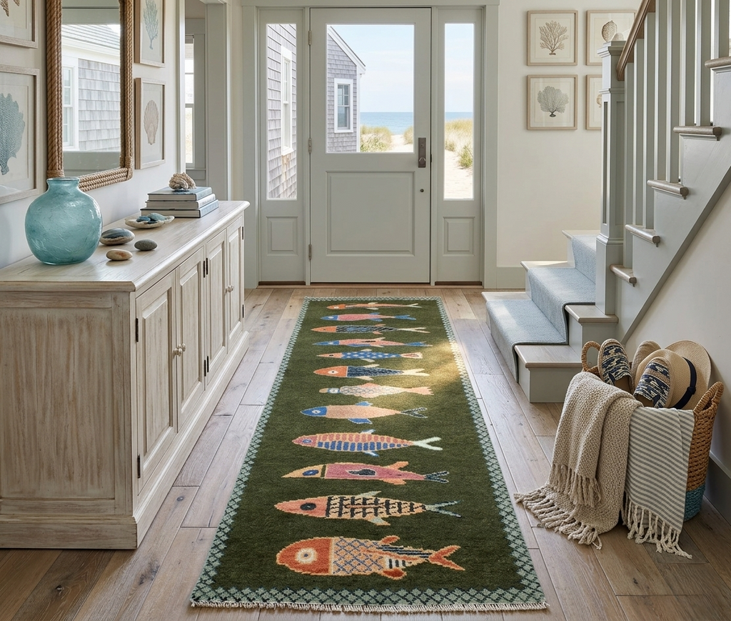 Hand-Knotted Wool Koi Fish Runner – Green Artisan Fish Rug – Custom Sizes Available