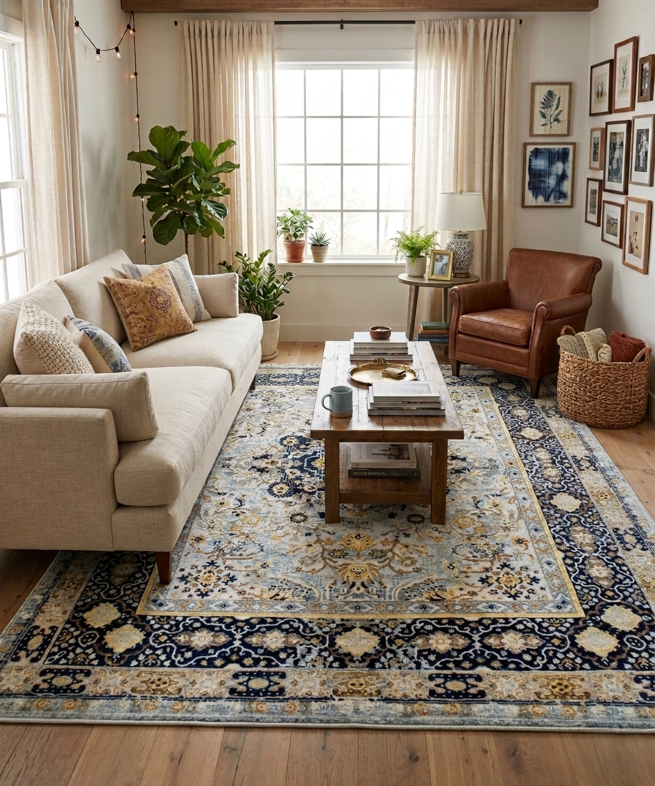 Timeless Elegance: Hand-Knotted Wool Medallion Rug in Celestial Blue & Gold