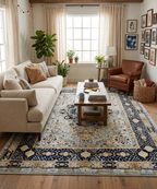 Timeless Elegance: Hand-Knotted Wool Medallion Rug in Celestial Blue & Gold