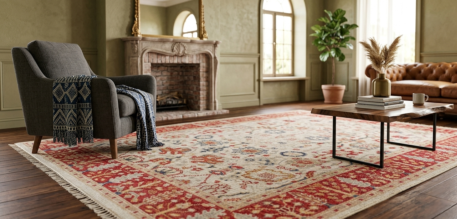 8x10 ft Authentic Hand-Knotted Wool Oriental Rug - Red & Cream Transitional Oushak Style